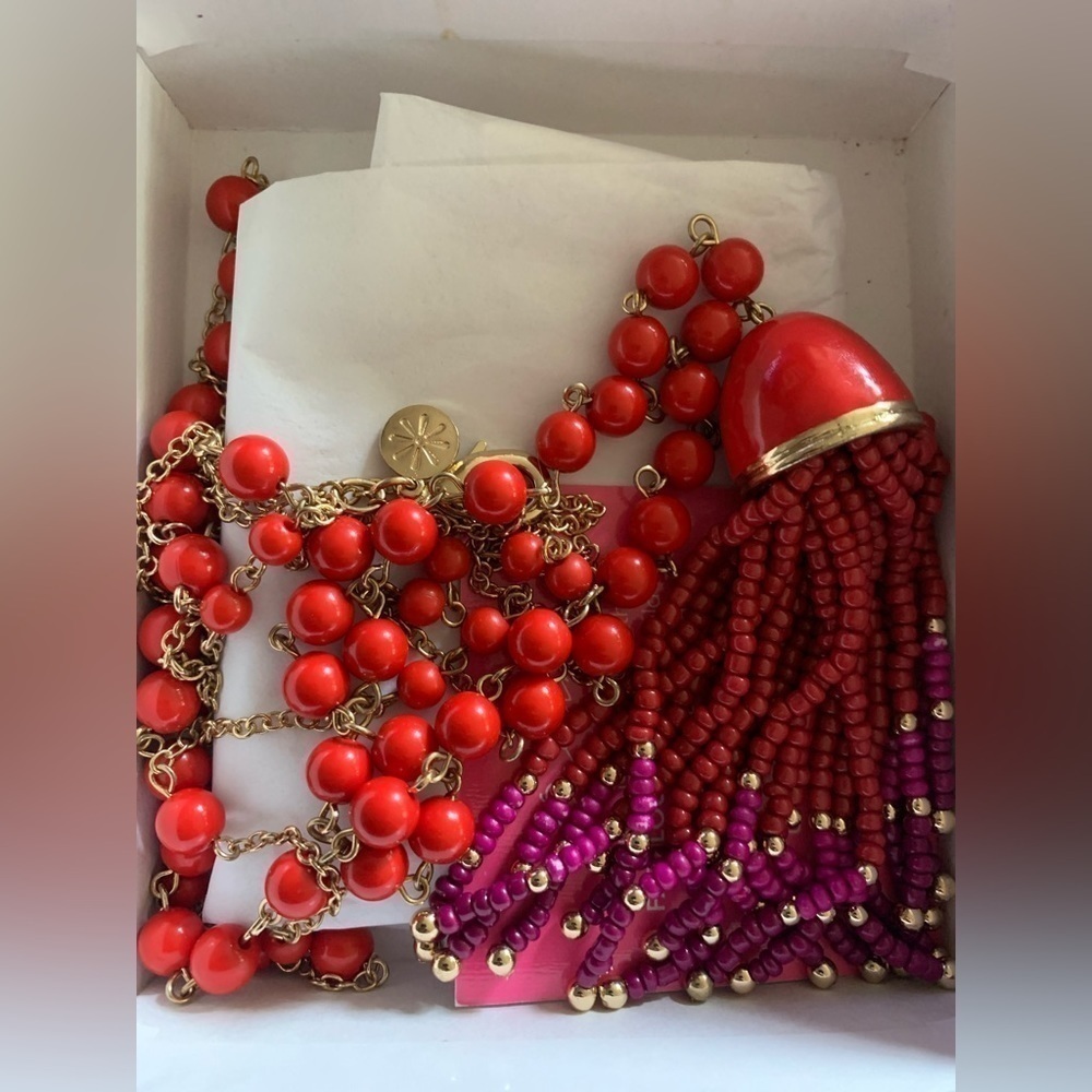 🆕 Isaac Mizrahi Live! Double Row Beaded Tassel Necklace Red